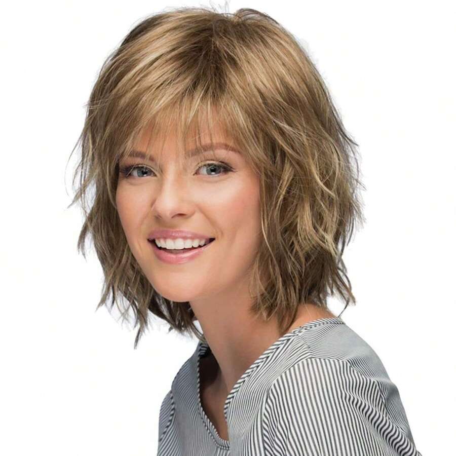 1 Piece 12 Inch Elegant Ladies Short Layered Hairstyle Bob Ladies Brown Blonde Silver Straight Synthetic Wig, Gradient Brown Natural Fluffy Wig Rose Mesh Cap - Brown - View 1