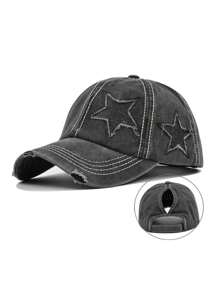 1pc Women's Embroidered Star Distressed Ponytail Baseball Cap, Outdoor Adjustable Sun Protection Casual Hat For Spring Autumn Travel Beach Holiday, Y2K Style Youth Cap For Men