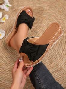 女士坡跟厚底凉鞋，蝴蝶结装饰一脚蹬拖鞋，夏季鞋