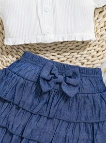 2 件套女婴时尚优雅甜美节日派对表演欧式蝴蝶结泡泡袖短款上衣和蛋糕裙（带发带） - 藍白色 - 查看 3