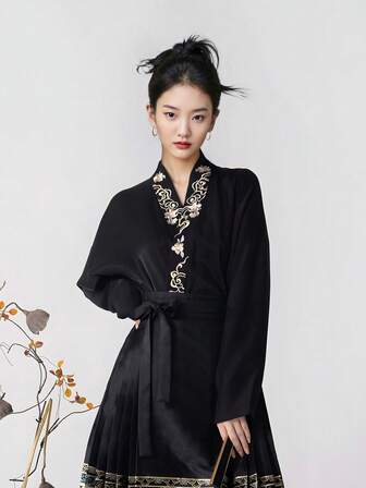 Women's Black Long Sleeve Belted Pleated Party Dress Elegant Woven Fabric Long Dress For Special Occasions