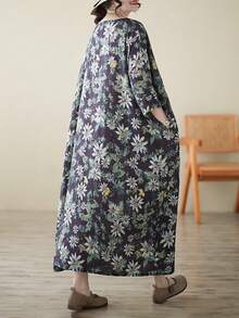 均码波西米亚休闲度假沙滩连衣裙/衬衫，2026夏季大码女装，女士成衣，圆领露肩袖中老年妈妈宽松半身裙，随机印花睡衣 - 綠色 - 查看 2