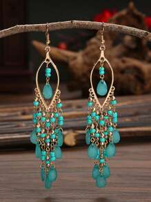 女士金色、蓝色和绿色叶子水钻吊坠耳环 - 闪耀晚宴珠宝 - MS414 - 查看 7