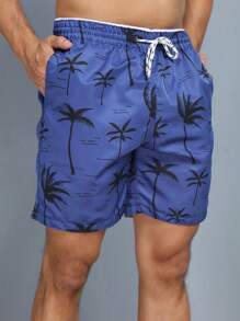 Men's Beach Shorts With Tree Print And Pocket - Blue - View 1