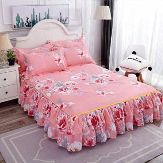 1 件带花卉图案的床裙床褶，四季防滑床单，卧室和酒店装饰