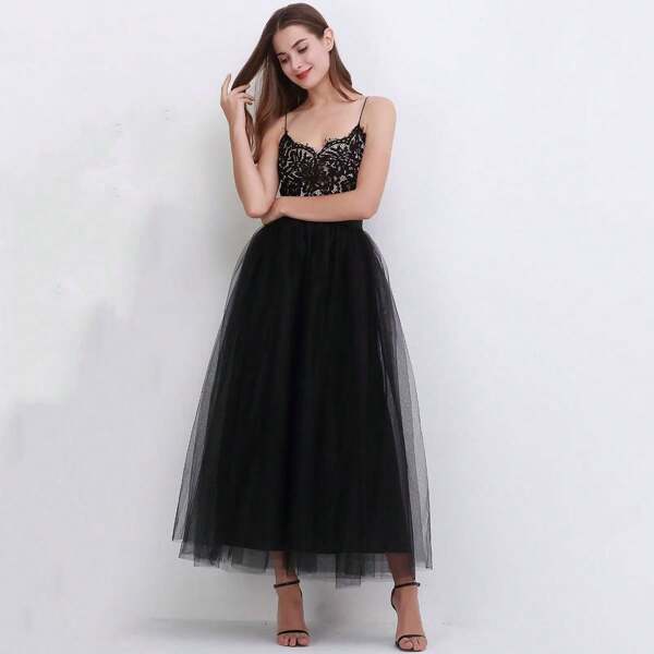 1pc Women 2025 New Popular Mesh High Waist Full Skirt, Extra Princess Style Long Skirt, Spring/Summer Fall Clothes For Women