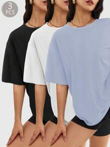 [Spring/Summer] 3pcs Women's Casual Oversized Crewneck Short Sleeve Basic T-Shirts - Black - View 1