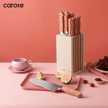CAROTE 11 Pieces Knife Set With Block For Kitchen, Stainless Steel Razor-Sharp Blade, Triple Riveted Ergonomic Handle, Wooden Magnetic Block, Essential Knife Block Set, Beigeprompt Goods - Pink - View 7