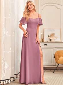EVERPRETTY Elegant Off-Shoulder Chiffon Long Bridesmaid Dress In Soft Pink, Suitable For Weddings And Graduation Ceremonies - Dusty Pink - View 3