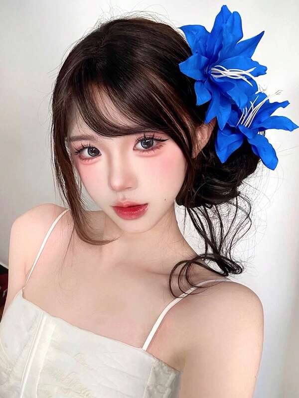 1 قطعة مشبك شعر كبير على شكل زهرة الليلي الملونة من القماش الأطلسي، بطبعة زهرية، إكسسوار أنيق وعصري للحفلات والعطلات للنساء، مشبك شعر