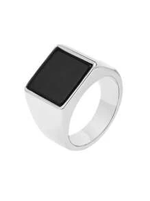 1pc Men's Simple Geometric Ring Steel/Black Color Flat Wide Band Ring - Silver - View 6