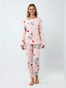 2Pzs Pijamas de Algodón Suaves y Cálidos - Conjunto Térmico de Manga Larga para Dormir, Estampados Divertidos Blusa y Pantalones - PERRO ROSA - Ver 5
