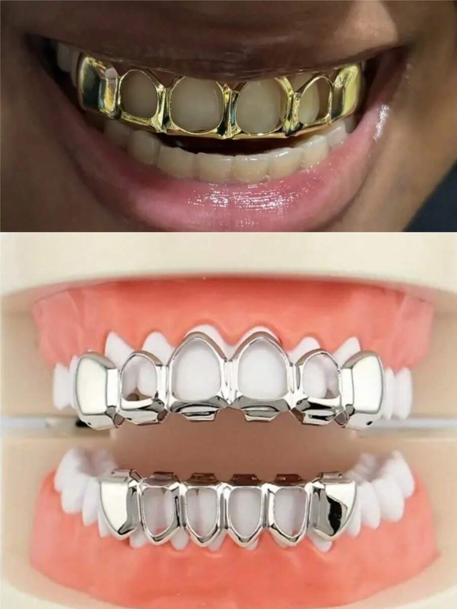 1/2 件嘻哈金色空心牙套，18K 镀金铜牙套，男女皆宜，适合万圣节派对