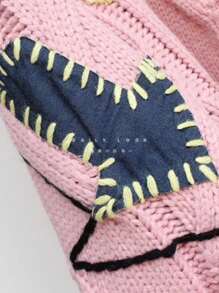 Women's Chunky Knit Long Sleeve Cardigan V-Neck Button Embroidered Sweater Jacket - Pink - View 5