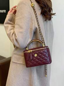 Bolso tipo cubo con cadena de correa a rayas de unicolor en forma de rombo, bolso de mano y bandolera - Burdeos - Ver 4