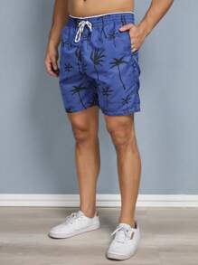 Men's Beach Shorts With Tree Print And Pocket - Blue - View 5