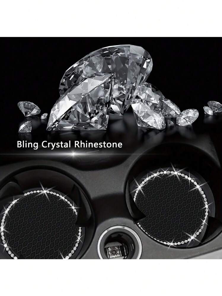 2 chiếc giá đỡ cốc bằng silicon màu đen bóng cho ô tô, viền pha lê Rhinestone - 2,75 inch chống trượt, phù hợp với giá đỡ cốc trên ô tô, phụ kiện thời trang cho phụ nữ và trẻ em gái, thảm lót cốc trên ô tô - Nhiều màu - Xem 2