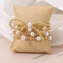 4/5/7/8pcs Simple Beaded Cross Faux Pearl Bow Bracelets Set, Women Vacation/Meet-Up/Birthday Gift, Daily Party & Casual Wear Accessory