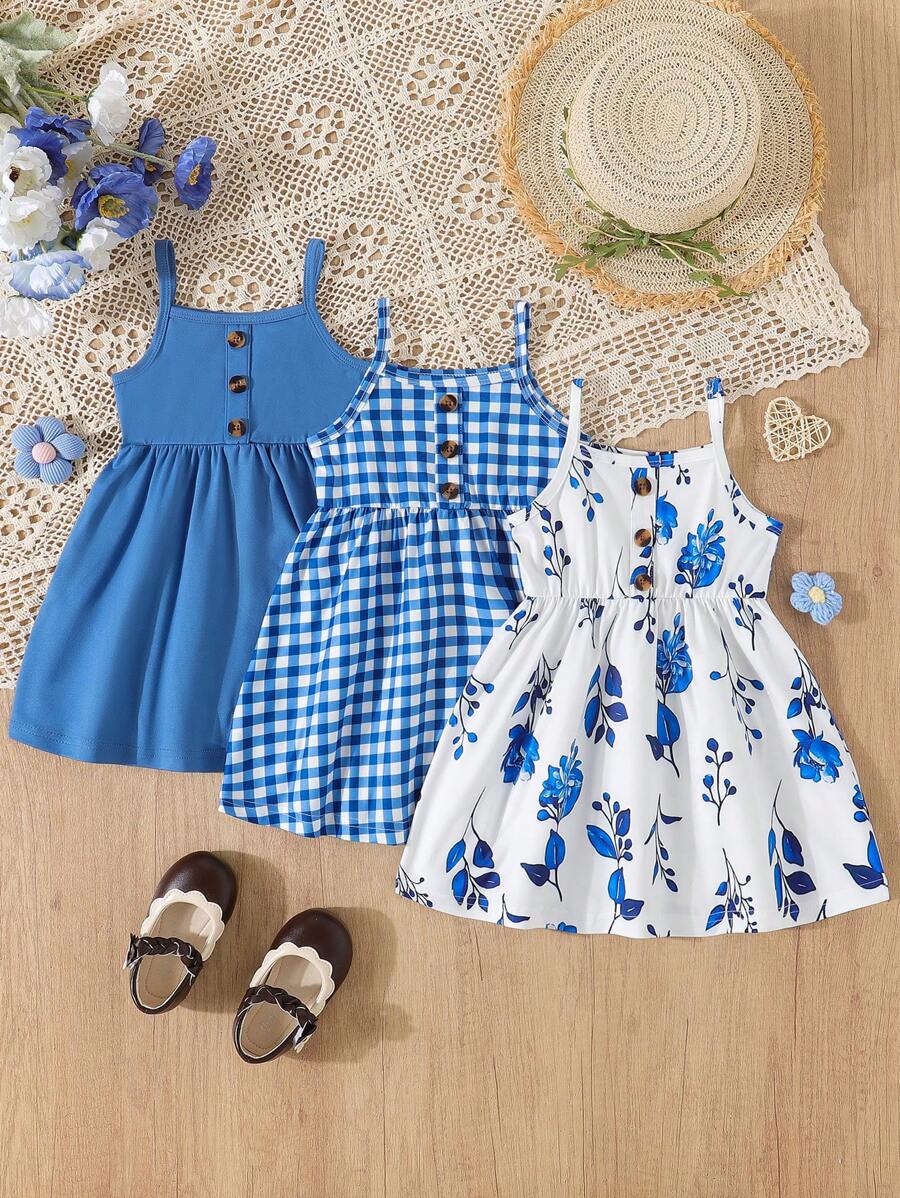 3pcs/Set Infant/Baby Girl Floral Print Camisole Dress + Solid Color Button Camisole Dress + Plaid Print Button Patchwork Camisole Dress - Blue - View 1