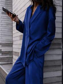 女士休闲缎面垂坠“Old Money”宽腿裤和夹克两件套服装，适合办公室的商务休闲装 - 寶藍色 - 查看 8