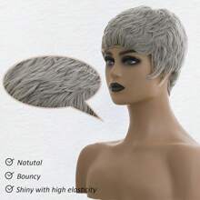 Elegant Short Pixie Cut Bob Wig With Bangs - Gray Layered Human Hair, Straight Style, Perfect For Parties & Cosplay, Machine Made,Hair Wig