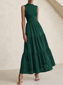 Women's Summer Dress Casual Perforated Sundress Sleeveless Elegant Wedding Guest Dress With Pockets - 深綠色 - 查看 1