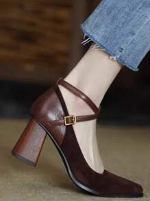 Women's Black French Chic Square Toe Thick Heel Platform High Heel Sandals With Single Strap, Wine Red,Elegant - Brown - View 5