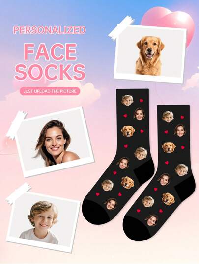 1 Pair Unisex Customizable Portrait Printed Socks, Fashionable And Personalized Mid-Calf Socks With Creative Pet/Face Design, Breathable And Comfortable, Suitable For Easter, Women's Day, Back To School And Special Occasions As A Fun And Unique Gift,Colorful,Cute,Adorable,Contracted,Funny,Custom,Unique,Customized,Personalized,Ideal Gifts For Him,Ideal Gifts For Her,Boyfriend,Girlfriend,Family,Friends,Grandparents,Her, Fall