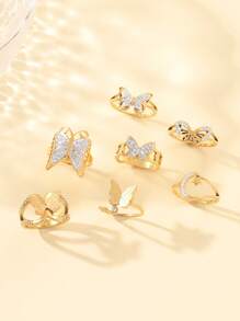 7 件时尚精致不锈钢镀 18k 金蝴蝶星月钻石元素女士戒指套装适合日常使用与节日约会礼物珠宝订婚结婚礼物戒指