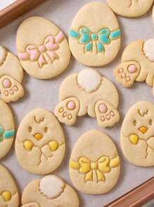 复活节饼干切具套装、复活节曲奇饼干切具、塑料糕点压模、兔子和小鸡形状、春季假日烘焙工具（图案：兔子屁股、复活节彩蛋和小鸡）