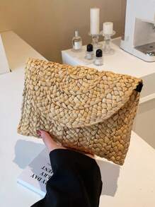 BAILEE 1 Pieza Bolso de verano informal y sencillo trenzado con fibra de mazorca, bolso de embrague trenzado con fibra de mazorca para cena, bolso grande de paja de color liso y sencillo para mujer, adecuado para vacaciones, viajes, trabajo y ocio, compras diarias