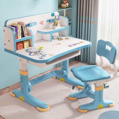 Widened Desktop Multi Separation Cartoon Pattern Desk Chair Set Kids Adjustable Height Study Table With Drawer Chair Set