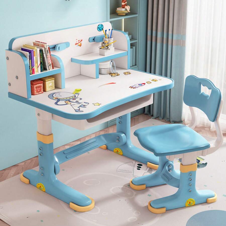 Widened Desktop Multi Separation Cartoon Pattern Desk Chair Set Kids Adjustable Height Study Table With Drawer Chair Set - Blue - View 1