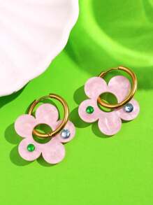 One Pair Of Alloy Acrylic Earrings With Detachable Transparent Pink Flower Pendant Hoop Earrings With Rhinestone, Fashionable And Sweet Design For Women, Suitable For Wearing During Seaside Travel Vacation. Valentines,Mom,Mother,Mother's Day,Gift