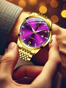 Carotif 自动手表，金色不锈钢表带，紫色表盘，罗马数字 - 紫色 - 查看 3