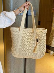 New Fashion Versatile Tote Bag, Beach Holiday Bag, Lightweight & Elegant Woven Design Bohemian Style Small Shoulder Handbag With Tassel Pendant, Large Capacity For Commuting, Daily Shopping, Vacation, Suitable For Women, College Students, Teenagers - Beige - View 5