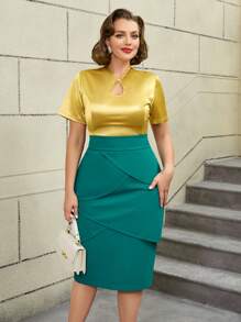 AOMEI Vintage Two Pieces Set Gold Shiny Short Sleeves Tops High Waist Pencil Skirt Party Fashion - Gold - View 5