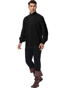 Men's Medieval Ruffle Collar Long Sleeve Shirt, Gothic Style Costume For Festivals And Parties - Black - View 5