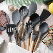 12pcs Wood Handle Non-Stick Silicone Kitchenware Set, Includes Cooking Tools And Storage Container - Multicolor - View 3