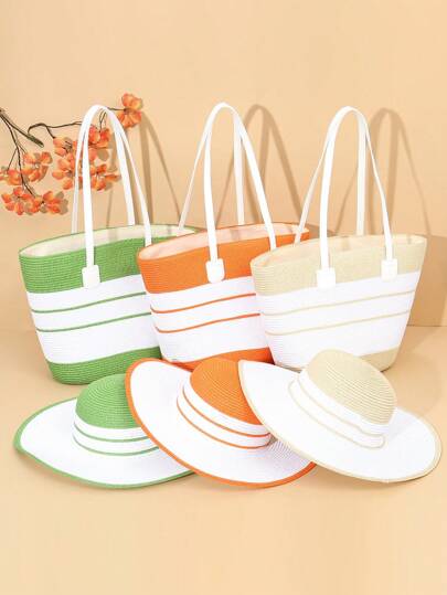 Nuevo conjunto de bolso y sombrero de paja de moda, bolso de hombro tejido, sombrero de playa bohemio a rayas y hueco para verano, viajes y vacaciones al aire libre