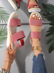 棕色中跟运动凉鞋，女士软底轻便休闲新款厚底凉鞋，配松紧带，红色女士凉鞋，配黑色系带 - 紅色 - 查看 4