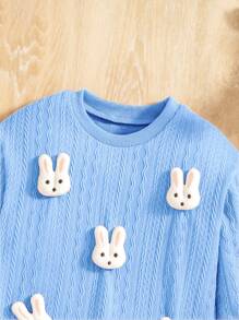 Young Girl Knitted Textured Crew Neck Long Sleeve Sweatshirt + Cute Rabbit Decor, Spring/Autumn/Winter - Blue - View 3