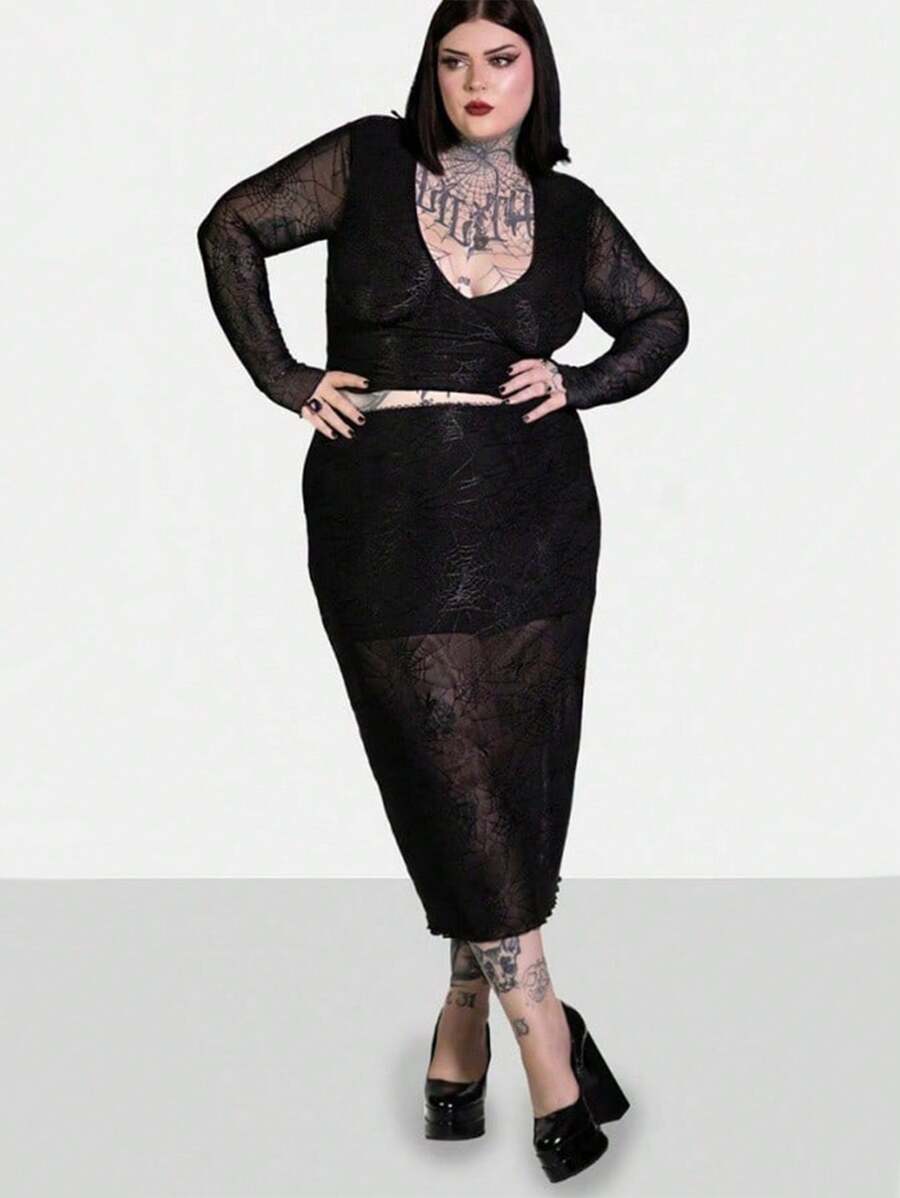 大码女式哥特朋克半透明黑色蕾丝裙