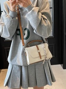 New Fashion Classic Metal Buckle Decorative Design Portable, Adjustable Shoulder Strap Square Bag, Suede Bag, Wine Red Bag Flip Design, Suitable For Outdoor Sports, Commuting, Shopping, Campus, Short Trips. - Beige - View 6