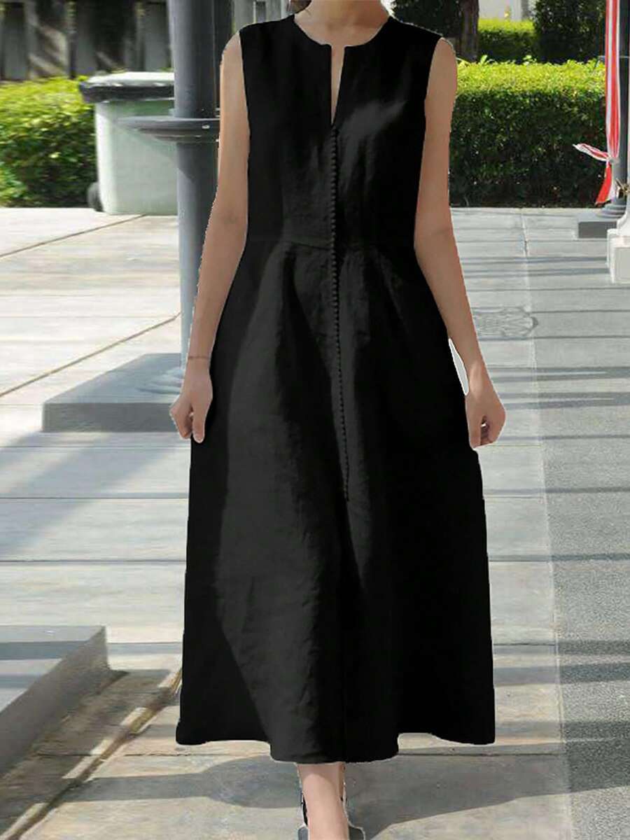 Women Long Dress Solid Color V-Neck Waistband Sleeveless Dress Summer Slit Hem Fashion Casual Dress - màu đen - Xem 1
