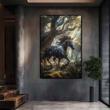 La Licorne Noire de la Forêt. Grande peinture murale encadrée en bois, décoration d'intérieur, peinture à l'huile - Chambre, salle de bain, salon, bureau, cuisine, cadeaux de Noël - 1 pièce