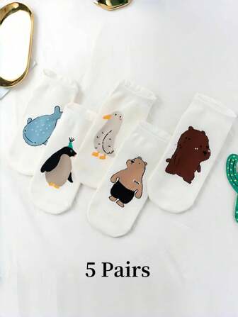 5 双卡通动物印花白色休闲柔软透气女士船袜