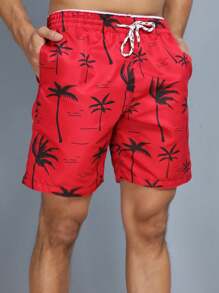 Men's Beach Shorts With Tree Print And Pocket - Đỏ - Xem 1