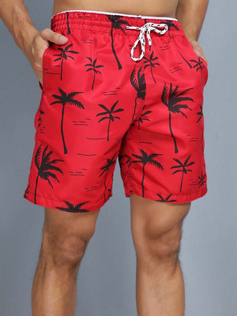 Men's Beach Shorts With Tree Print And Pocket - Đỏ - Xem 1