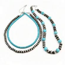 3pcs/Set Vintage Western Country Style Beaded Necklace, Retro Faux Turquoise Chain Necklace, Multi-Layer Handmade Beaded Necklace Set - Multicolor - View 4